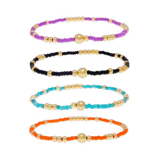 Gold Beaded Stackable Friendship Bracelets Set for Women, Handmade Boho Stretch Summer Jewelry Gift. - color: gold orange purple black blue