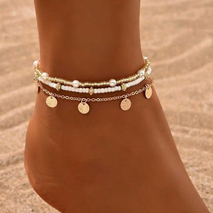 Qceasiy Shell Ankle Bracelets for Women, Boho Beaded Beach Anklet Set | Seashell, Heart, Starfish and Conch Styles, Gold-Tone, Stretch or Adjustable Fit, Layered Beach Vacation Jewelry Gifts - color: Gold 1