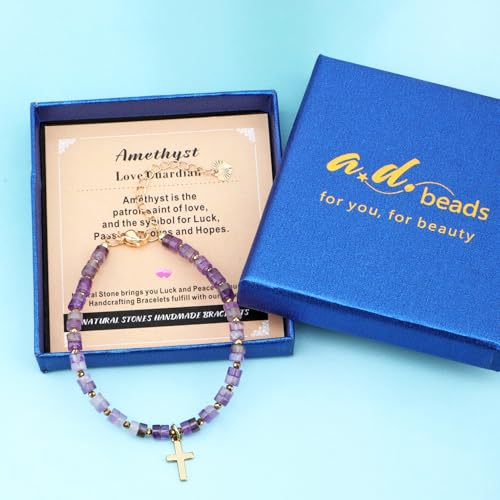 Natural Gemstone Healing Crystal Dainty Charms Bracelet Adjustable Chain Extender Minimalist Jewelry - color: Amethyst + Cross