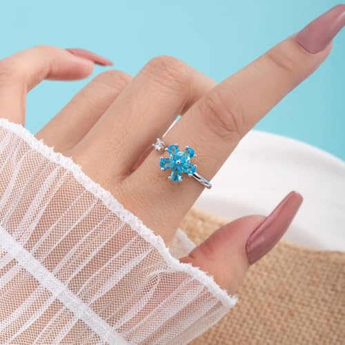 Rotating Blue Flower Fidget Rings for Women Sparkling Imitation Crystal Floral Open Stackable Adjustable Anxiety Spinner Ring Eternity Promise Wedding Band Comfort Fit Relieving Stress ADHD Jewelry