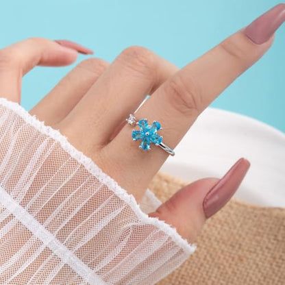 Rotating Blue Flower Fidget Rings for Women Sparkling Imitation Crystal Floral Open Stackable Adjustable Anxiety Spinner Ring Eternity Promise Wedding Band Comfort Fit Relieving Stress ADHD Jewelry