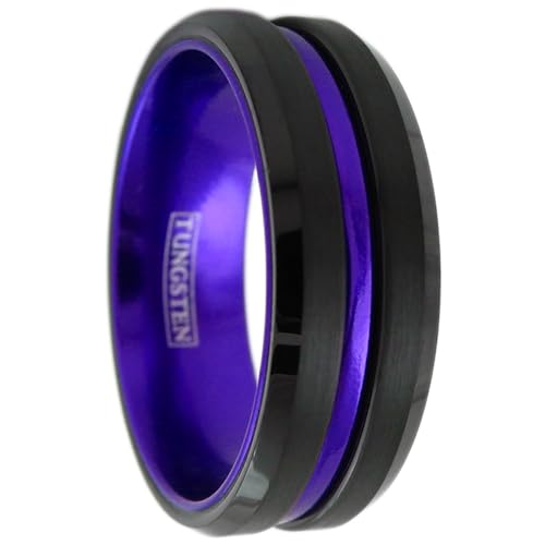 Magnificent 6mm/8mm Piano Black Tungsten Carbide Band Ring w/Brilliant Purple Stripe & Matching Purple Anodized Aluminum Comfort Fit Inner Band.