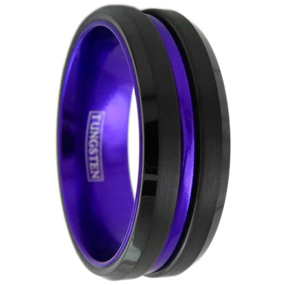 Magnificent 6mm/8mm Piano Black Tungsten Carbide Band Ring w/Brilliant Purple Stripe & Matching Purple Anodized Aluminum Comfort Fit Inner Band.