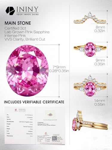 Certified 3CT Lab Grown Intense Pink Sapphire Stacking Rings, Tiara | Stacking Ring Set, Oval Cut, Crown Band, 14K Gold Plated, Hypoallergenic, Conflict-Free, Promise Ring, Box & Certificate