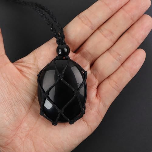 weryerker Natural Gemstone Pendant Necklace Healing Crystal Stone Pendant with Hand-Woven Rope Adjustable for Women Men - color: 1PC Black Obsidian