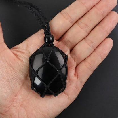 weryerker Natural Gemstone Pendant Necklace Healing Crystal Stone Pendant with Hand-Woven Rope Adjustable for Women Men - color: 1PC Black Obsidian
