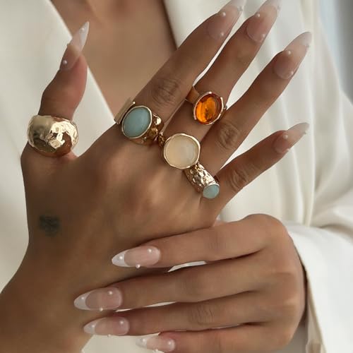 Chunky Rings for Women Stackable Vintage Adjustable Rings for Women Gold Statement Stone Ring Set Non Tarnish Vintage Jewelry - style: Gold 4