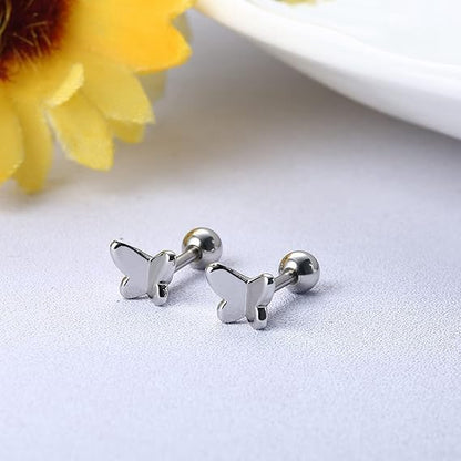 10 Pairs 3mm CZ Stud Earrings Stainless Steel Ball Stud Earrings Barbell Cartilage Flatback Earrings Set for Women Men Helix Piercing Jewelry Silver Gold Rose Gold Black Rainbow - color: Silver Butterfly - 2Pcs