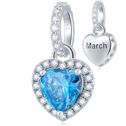 CHAWIN Birthstone Charms, 925 Sterling Silver Heart Dangle Charm, Sparkling CZ Compatible with Pandora Charm Bracelet, Necklace, Birthday Gifts for Women/Wife/Mother - style: 03# March