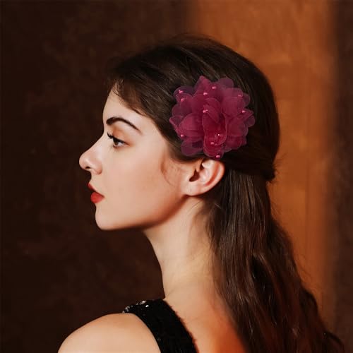 13cm/5in Beaded Mesh Flower Brooch Pin for Women Girls Dainty Round Shell Pearl Ball Beads Camellia Peony Flowers Brooches Lapel Hair Pins Elegant Wedding Anniversary Accessories Jewelry - color: Wine Red