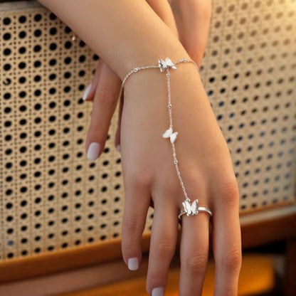 Emibele Gold Bracelets for Women, 18K Gold Plated Hand Chain, Cubic Zirconia Stainless Steel Non Tarnish Hand Chain Bracelet with Finger Ring, Adjustable Trendy Jewelry Valentines Day Gifts for Women - style: Silver Butterfly