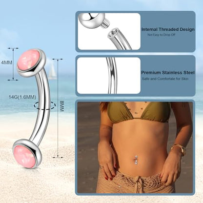 3-12 Pcs 14G Belly Button Rings Belly Rings for Women CZ Opal Navel Rings Belly Piercings Jewelry Belly Barbells Stainless Steel Body Belly Button Piercing Jewelry - color: Silver/Pink CZ 5pcs 8mm