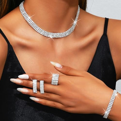 Aukmla Rhinestones Bridal Wedding Jewelry Set Silver Choker Necklaces Earrings Bracelet Ring Sets Prom Jewelry for Women - color: Silver
