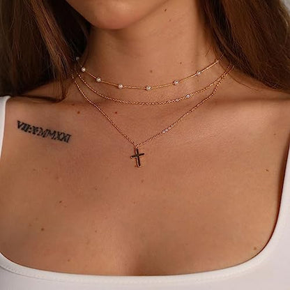 ASCOMY Layered Necklaces for Women Dainty Gold Necklace 14K Gold Plated Herringbone Necklace for Women Pearl Cross Necklace Paperclip Cuban Figaro Rope Satellite Chain Gold Choker Trendy Jewelry Gift - style: 3Layered O Chain Pearl Cross-GD