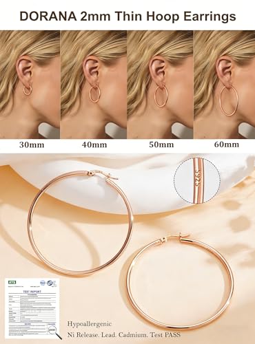 2mm Thin 14K Gold Plated Large S925 Sterling Silver Hoop Earrings for Women Hypoallergenic Big Hoop Non Tarnish Earrings Lightweight 20/30/40/50/60/70mm - color: Rose Gold-50mm