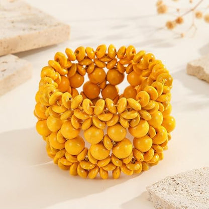 Handmade Wooden Bead Bohemian Elastic Stretch Bracelet Colorful Flower Pattern Design for Women Summer Beach Holiday Jewelry Lightweight - color: yellow