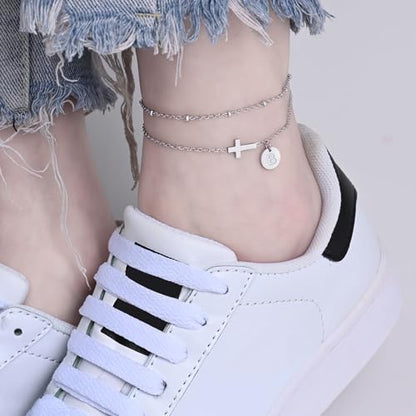Gold Cross Ankle Bracelets for Women | Anklets for Women Waterproof with Initial Charm (A-Z) | Non Tarnish Summer Beach Jewelry Gifts for Her - color: Silver B