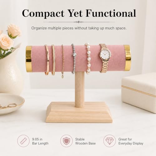 Jewelry Display T-Bar Stand, 9 Inch Pink Velvet Bracelet Holder with Gold-Tone End Caps, 1-Tier Bangle and Watch Stand with Natural Pine Base for Vanity and Retail Counter - color: Black