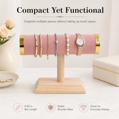 Jewelry Display T-Bar Stand, 9 Inch Pink Velvet Bracelet Holder with Gold-Tone End Caps, 1-Tier Bangle and Watch Stand with Natural Pine Base for Vanity and Retail Counter - color: Black
