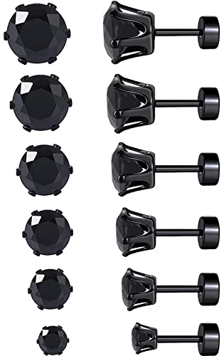 VOLUKA Cubic Zirconia Stainless Steel Screw Flat Back Earring - Hypoallergenic Stud Earrings for Women & Men - 316L Titanium CZ Stud Earrings for Nickel-Free, Trendy & Elegant - color: 6 Pairs- 3-8mm Flat Back -Black