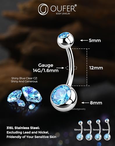 OUFER Belly Button Rings Surgical Steel, Internally Threaded Belly Rings | 14G Belly Piercing Jewelry, 10/12/14/16mm Beachy Belly Button Rings, Silver/Gold Navel Piercing Jewelry For Women Men - color: Blue, size: 14G 12MM