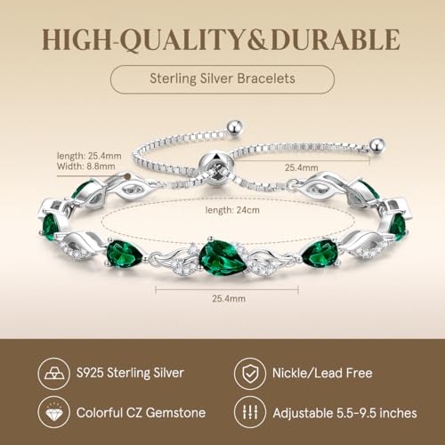 FANCIME Birthstone Teardrop Tennis Bracelet for Women, Sterling Silver 9x7mm main Gemstone Bolo Adjustable Chain Bracelet Fine Jewelry Birthday Gifts for Women Mom Wife Her - color: 05-Emerald