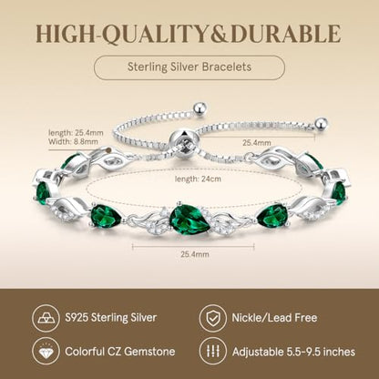 FANCIME Birthstone Teardrop Tennis Bracelet for Women, Sterling Silver 9x7mm main Gemstone Bolo Adjustable Chain Bracelet Fine Jewelry Birthday Gifts for Women Mom Wife Her - color: 05-Emerald