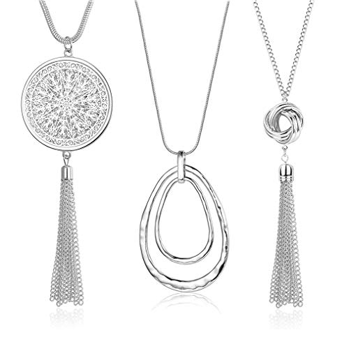SEVENSTONE 3PCS Long Pendant Necklaces for Women Knot Disk Circle Tassel Statement Sweater Necklace Set - color: Silver