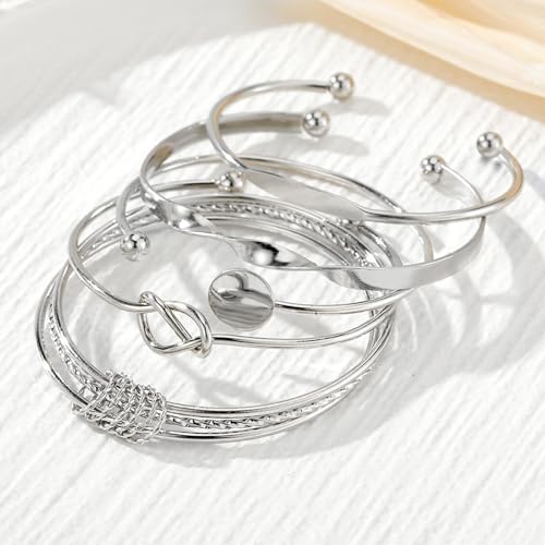 IFKM Gold Bangle Bracelets For Women, 14k Gold Plated Multi Layer Stackable Cuff Bracelet Set, Trendy Elegance Charms Non Tarnish Minimalist Textured Boho Jewelry Gift for Women - style: Multilayer opening silver