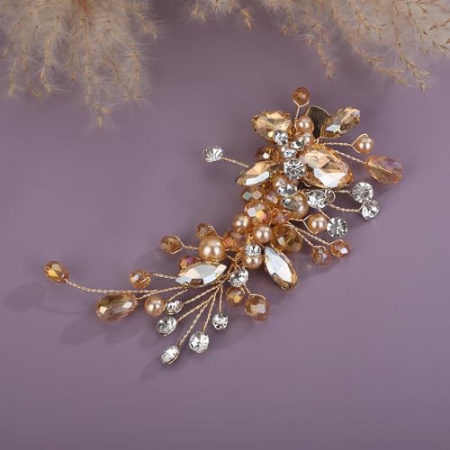 Teyglen Bridal Rhinestone Hair Clip Champagne Pearl Crystal Hair Barrette Sparkly Hair Piece Wedding Hair Clips Hair Accessories Jewelry for Women (Champagne) - color: Champagne