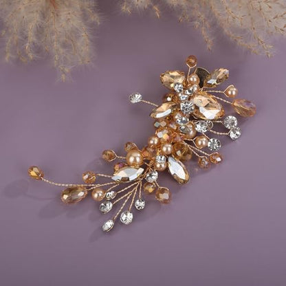 Teyglen Bridal Rhinestone Hair Clip Champagne Pearl Crystal Hair Barrette Sparkly Hair Piece Wedding Hair Clips Hair Accessories Jewelry for Women (Champagne) - color: Champagne
