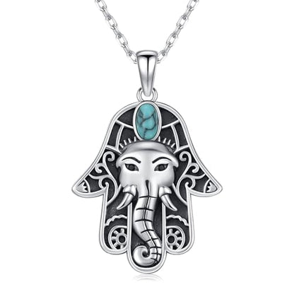 Hamsa Necklace 925 Sterling Silver Evil Eye/Lotus Flower/Star of David/Chai/Yin Yang Hamsa Hand Pendant Jewelry Hand of Fatima Gifts for Women - style: Hamsa Elephant