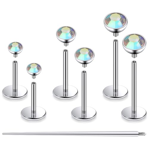 F136 Titanium 20/18/16G Internally Threaded Flat Back Stud Earrings Nose Rings Lip Medusa Monroe Labret 6/8/10mm Short/Long Bar Piercing Jewelry with Taper for Women Men - color: AB, size: 20g=0.8mm