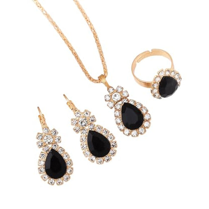 Teardrop/Heart Crystal Jewelry Set for Women, Gold Tone Rhinestone Necklace Earrings Ring Set, Wedding Bridal Prom Party Jewelry Gift - color: Black (teardrop)