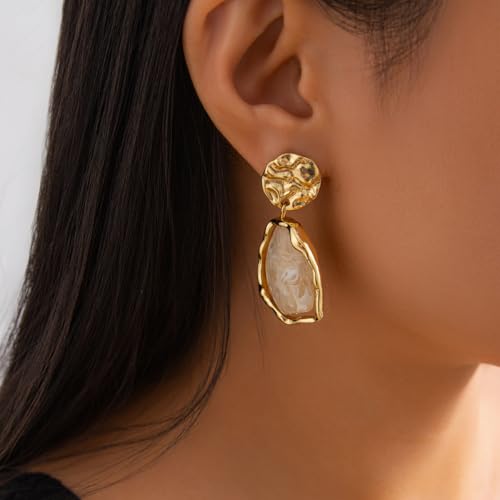 Irregular Crystal Dangle Earrings for Women Gold Textured Gemstone Earrings Geometric Acrylic Stud Earring Jewelry Gift - color: White