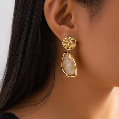 Irregular Crystal Dangle Earrings for Women Gold Textured Gemstone Earrings Geometric Acrylic Stud Earring Jewelry Gift - color: White