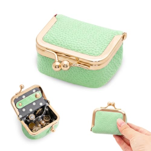 Genuine Leather Mini Jewelry Box Portable Vintage-Inspired Leather Small Coin Purse Jewelry Organizer Case Mini Travel Ring Box with Kiss Lock for Women Earring Ring Necklace - color: Green