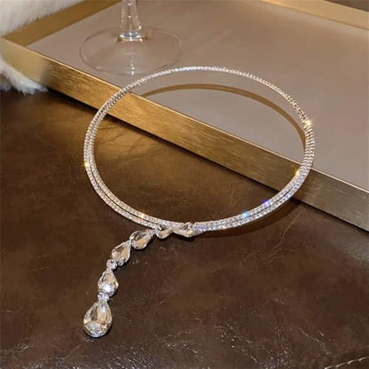 Necklace for Women Silver Plated White Teardrop Cubic Zirconia Chain Necklace Adjustable Fashion Trendy Dainty Simple Minimalism Jewelry Gift