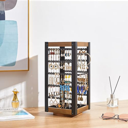 360° Rotating Jewelry Organizer, Earring Holder with Ring Tray & Hooks | Stores 200+ earrings, rings, necklaces and bracelets with a bamboo tray for perfume, lipstick and vanity essentials. - color: Black