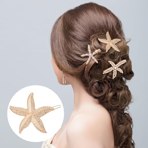 PAGOW 3 PCS Starfish Hair Clips, 3 Styles Gold Rhinestone Pearls Hair Clips, Faux Pearl Crystal Sea Star Wedding Headpiece Hair Accessories For Women Bride - color: 3pcs-gold,style3