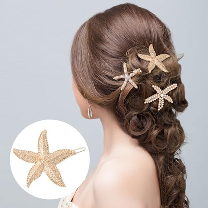 PAGOW 3 PCS Starfish Hair Clips, 3 Styles Gold Rhinestone Pearls Hair Clips, Faux Pearl Crystal Sea Star Wedding Headpiece Hair Accessories For Women Bride - color: 3pcs-gold,style3