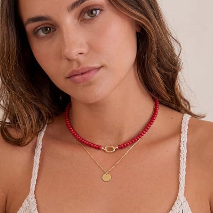 CONRAN KREMIX Colorful Stone Beaded Necklace for Women,Natural Gemstone Bead Choker Necklaces Boho Summer Beach Layering Necklace Jewelry Gift for Women - color: Red