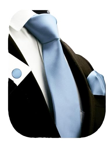 GUSLESON 3.15"（8cm） Solid Color Necktie and Pocket Square Cufflinks Sets For Men + Gift Box - color: Baby Blue
