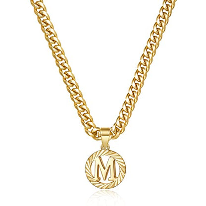 KissYan Initial Pendant Necklaces for Women Men | 14K Gold Filled/White Gold Plated, Hollow Round Letter Capital Monogram Charm with 5mm Cuban Chain, Alphabets from A-Z - color: Gold, style: M