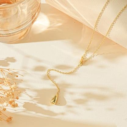 Lariat Gold Necklace for Women, 14K Gold Plated Dainty Drop Y Necklace, Waterproof Non Tarnish Long Layered Beaded Chain Lariat Necklace Prom Jewelry Summer Vacation Gift for Her - color: Gold-4
