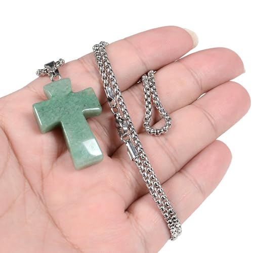 Justinstones 32mm Gemstone Carved Cross Reiki Chakra Pendant With Stainless Steel Necklace 22 Inch - color: Green Aventurine