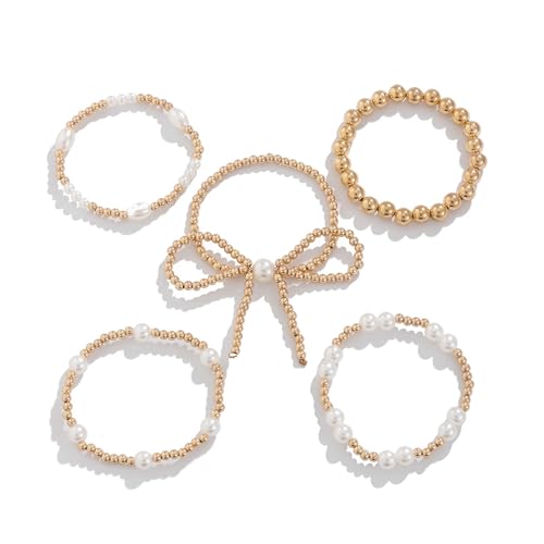 COLORFUL BLING Bow Bowknot Faux Pearl Beaded Ball Stretch Bracelet for Women Friend Jewelry Gift Adjustable Stackable Bracelet - color: A bow gold