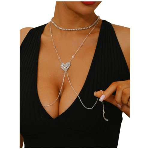 Rhinestone Necklace Sexy Non Piercing Nipple Jewelry Summer Beach Heart-ShapedChest Body Chain Crystal Nipple Body Accessories Jewelry for Women - color: Silver