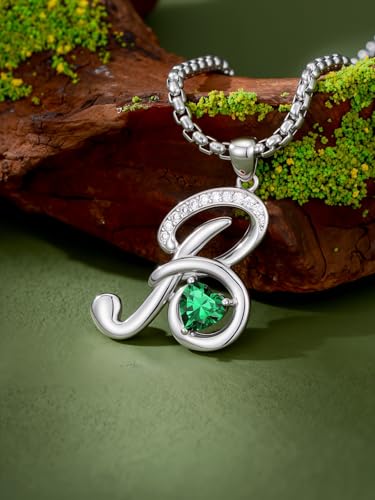 A to Z Initial Birthstone Pendant Necklaces Name Jewelry for Women | 18K White Gold Plated Personalized Alphabet Jewelry Anniversary Christmas Birthday Gifts for Wife Her Daughter Girlfriend - color: B Initial-05-May