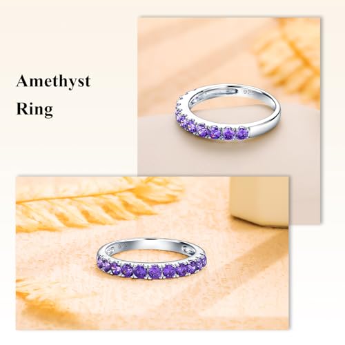 Bezel Set Birthstone Wedding Band 14K Gold Sterling Silver Stackable Half Eternity Band Rings 2.5mm Wide Ruby/Amethyst/Sapphire/Emerald Green/Aquamarine Ring for Women, Send Gift Box - style: 02-Created Amethyst